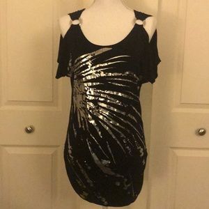 Black and silver cold shoulder top